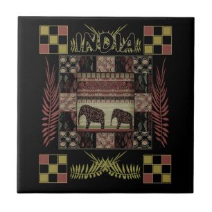 India ethnic patchwork elephants ceramic tile