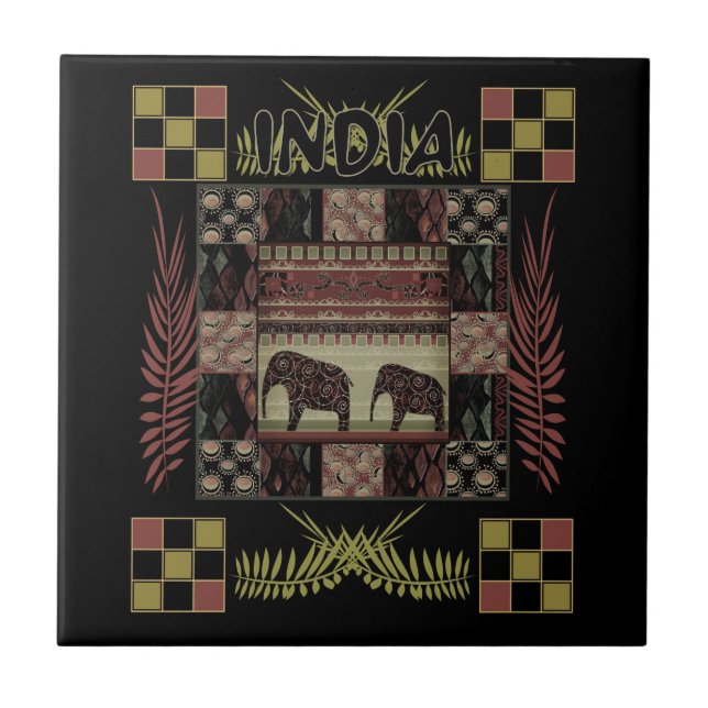 India ethnic patchwork elephants  ceramic tile (Front)