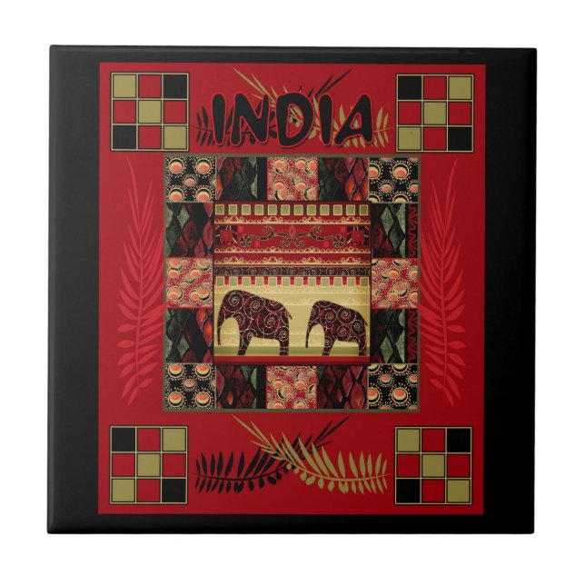 India ethnic patchwork elephants  ceramic tile (Front)