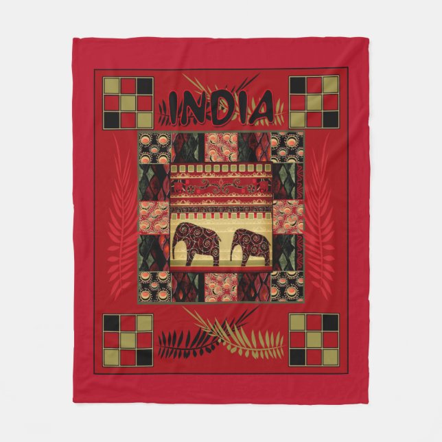 India ethnic patchwork elephants  fleece blanket (Front)