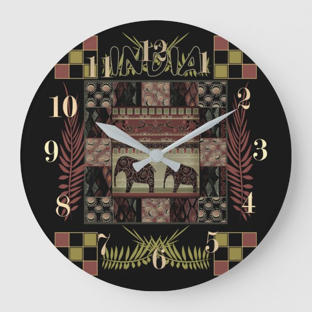 India ethnic patchwork elephants  large clock (Front)