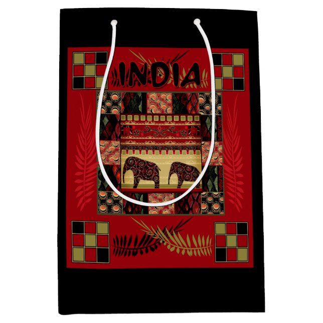 India ethnic patchwork elephants medium gift bag (Front)