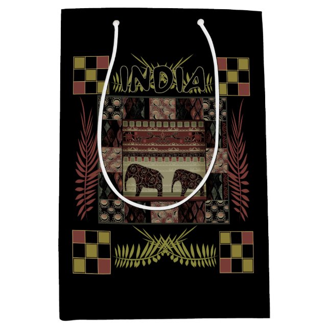 India ethnic patchwork elephants  medium gift bag (Front)