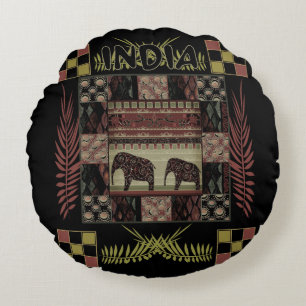 India ethnic patchwork elephants round cushion