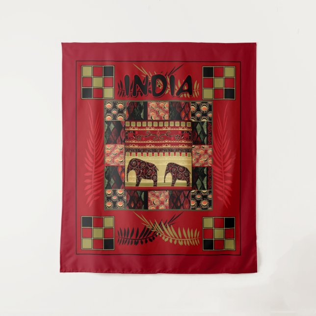 India ethnic patchwork elephants  tapestry (Front)
