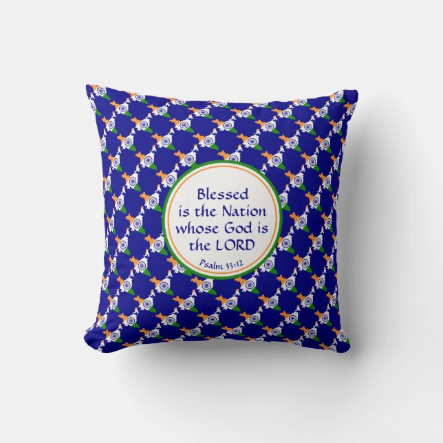 INDIA FLAG Custom BLUE Scripture BLESSED NATION Cushion (Front)