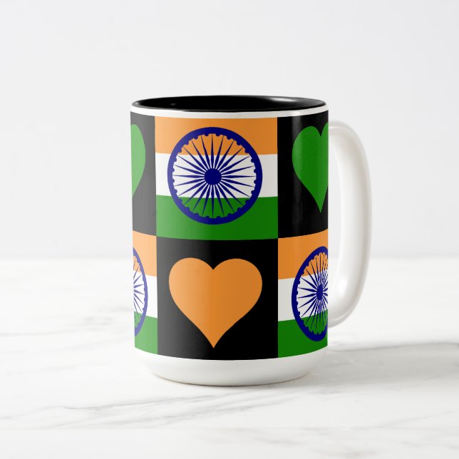 India Flag Heart Pattern Patriotic Indian Pride Two-Tone Coffee Mug (Front Right)