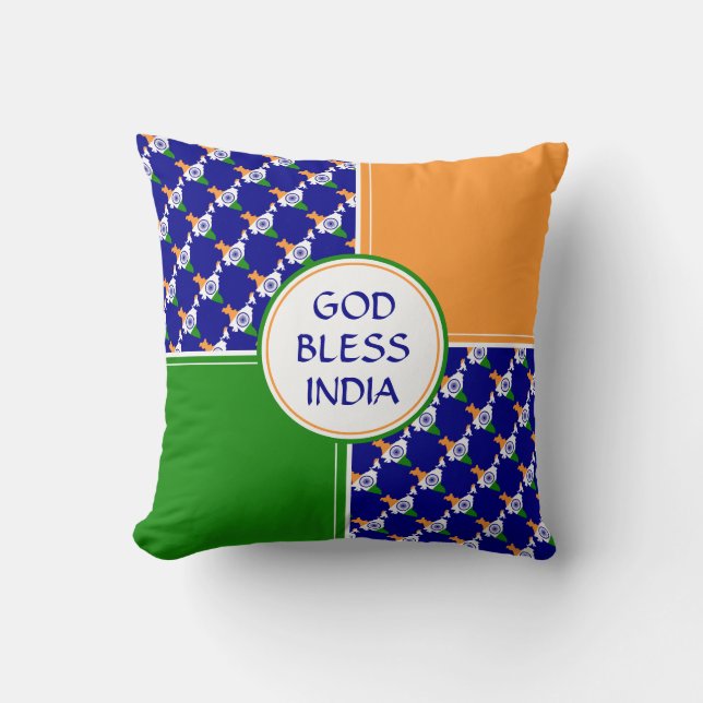 INDIA FLAG Indian BLUE Patriotic God Bless Cushion (Front)