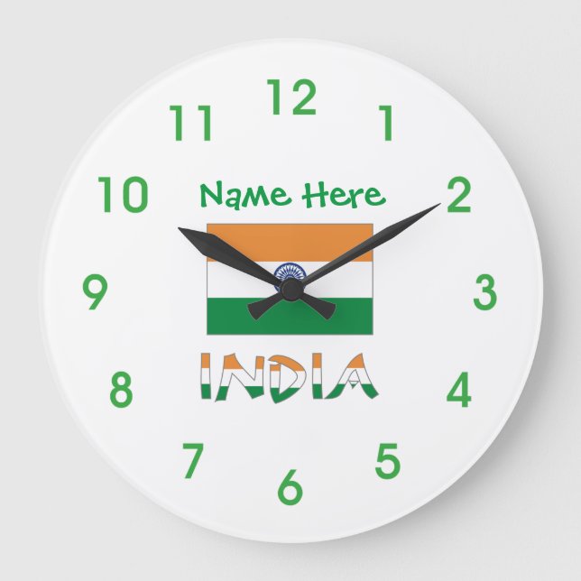 India Flag Personalised Green Round Large Clock (Front)