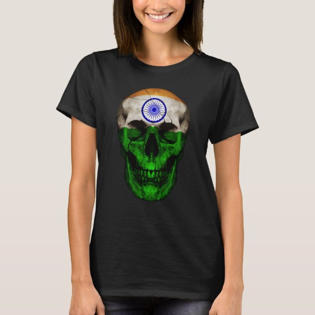 India Flag Skull Indian Roots Proud Patriotic T-Shirt (Front)