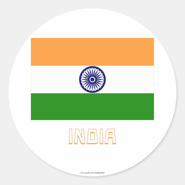 India Flag with Name Classic Round Sticker (Front)