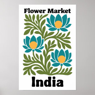 India Flower Market Teal Lotus & Botanical Leaf Poster