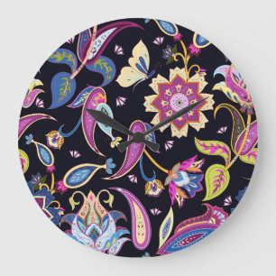 India Paisley Seamless Floral Ornament Large Clock