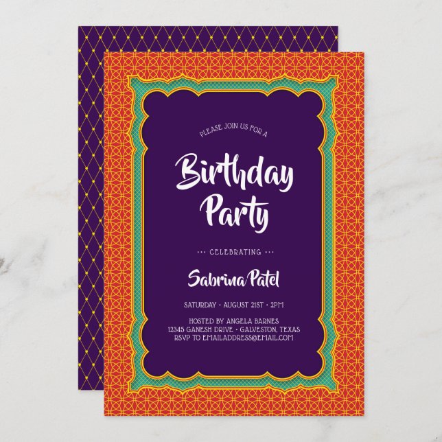 India Patterns Birthday Party 3 Invitation (Front/Back)