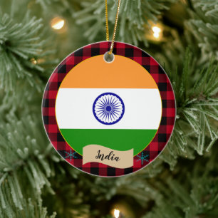 India, Red buffalo plaid & Indian Flag Ceramic Ornament