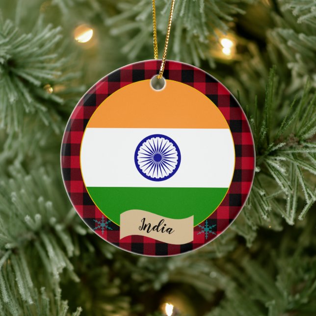 India, Red buffalo plaid & Indian Flag Ceramic Ornament (Tree)