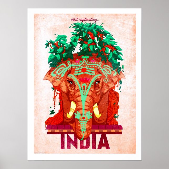 India, red elephant, vintage travel poster (Front)