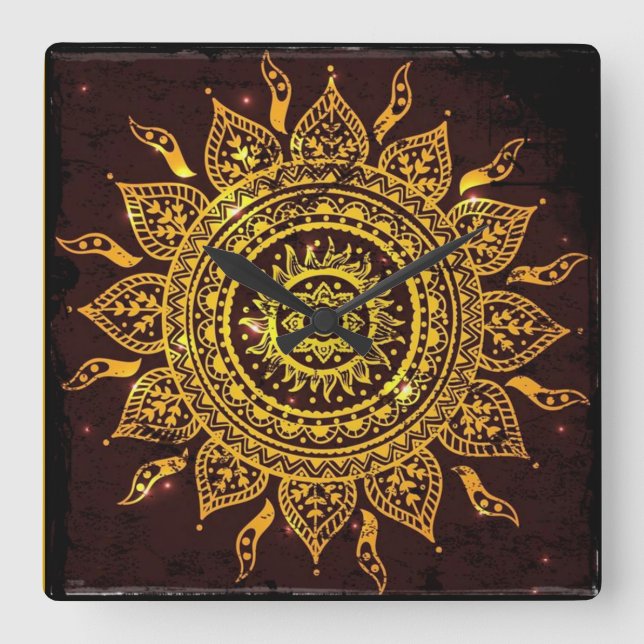 India Solar Motif Sun God Square Wall Clock (Front)
