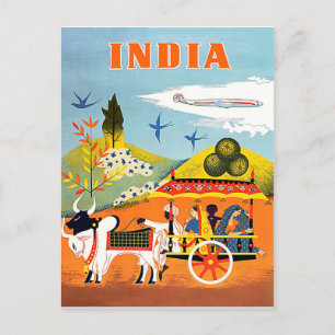 India, traditional art, people in chariots,vintage postcard