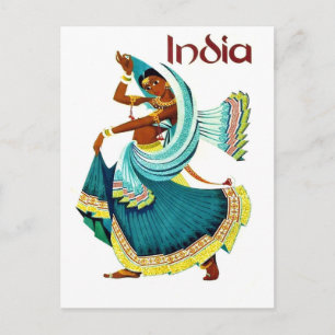 India, traditional dancing woman, vintage travel postcard
