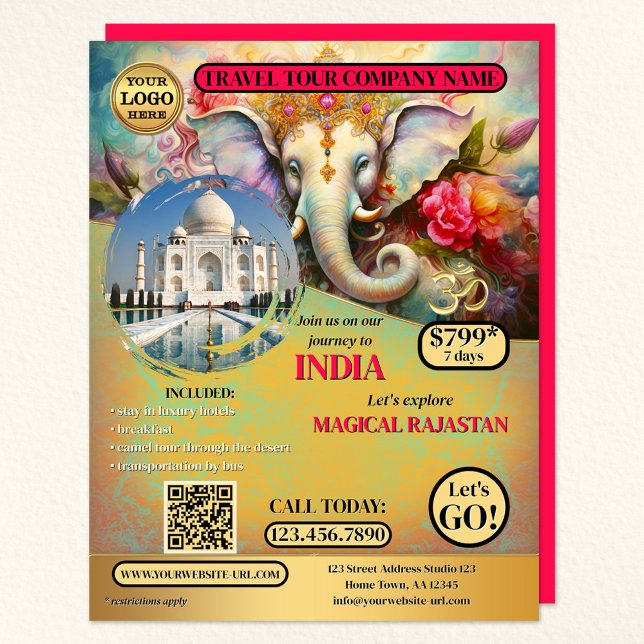 India Travel Ganesh Colourful Template Flyer (A colorful India travel agency flyer featuring Ganesh with your logo, custom photo and QR code)