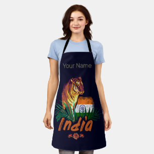 India Vintage Tiger With Flag Retro Lotus Souvenir Apron