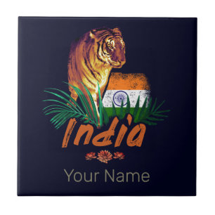 India Vintage Tiger With Flag Retro Lotus Souvenir Ceramic Tile