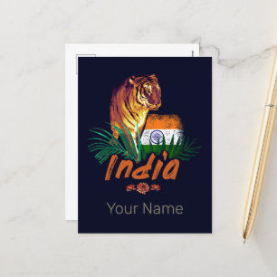 India Vintage Tiger With Flag Retro Lotus Souvenir Holiday Postcard