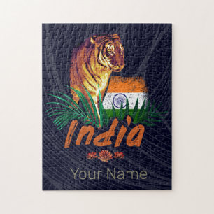 India Vintage Tiger With Flag Retro Lotus Souvenir Jigsaw Puzzle