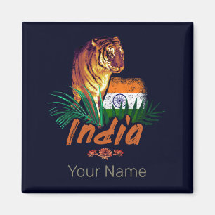 India Vintage Tiger With Flag Retro Lotus Souvenir Magnet