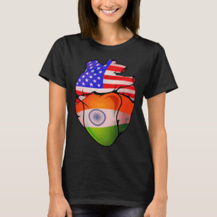 Indian American Split Anatomical Heart With Flags T-Shirt