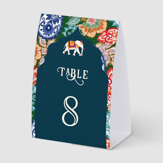 Indian Art Elephant Dark Blue Wedding Table Number (Front)