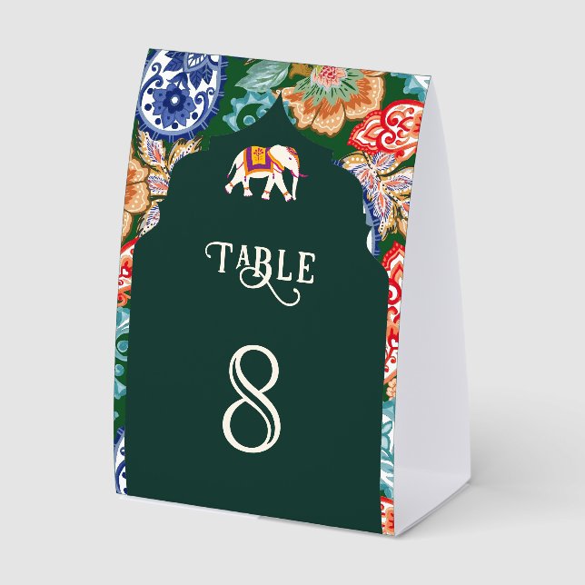 Indian Art Elephant Emerald Wedding Table Number (Front)