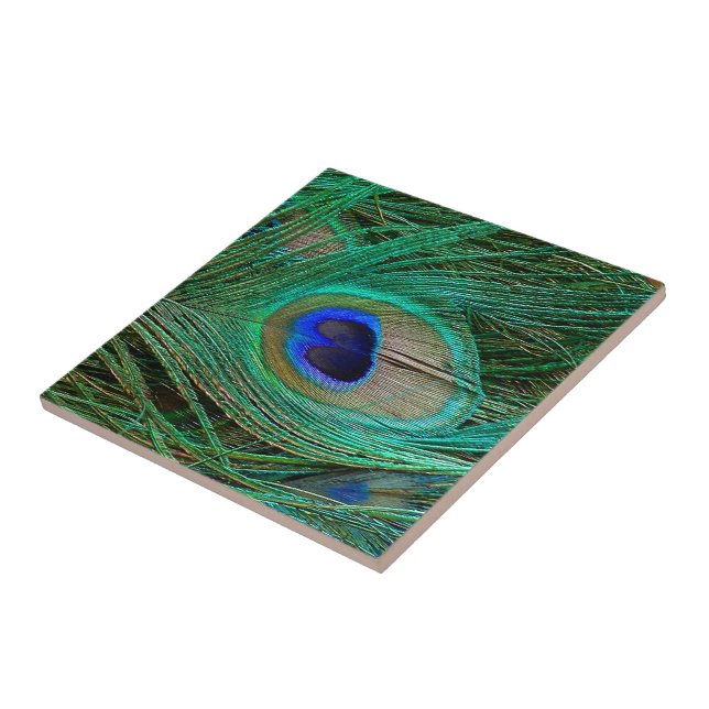 Indian Blue Peacock Feather Ceramic Tile (Side)