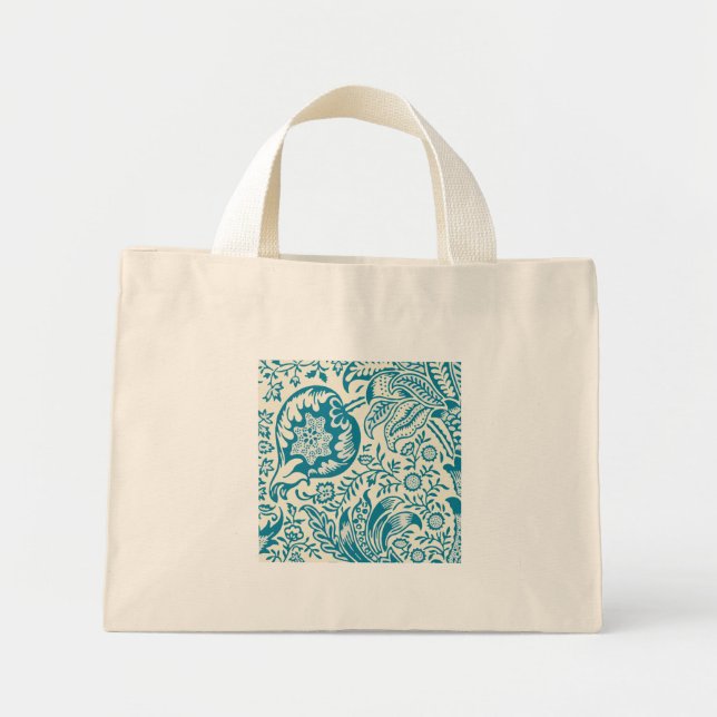 Indian Botanical Pattern in Teal and Tan Mini Tote Bag (Front)