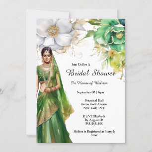 Indian bride green gold flowers botanical bridal  invitation