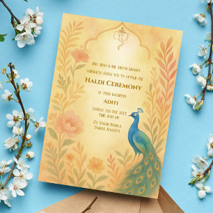 Indian Bride Haldi Ceremony Peacock Floral Invitation