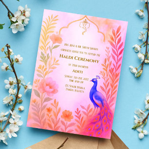 Indian Bride Haldi Ceremony Peacock Floral Invitation