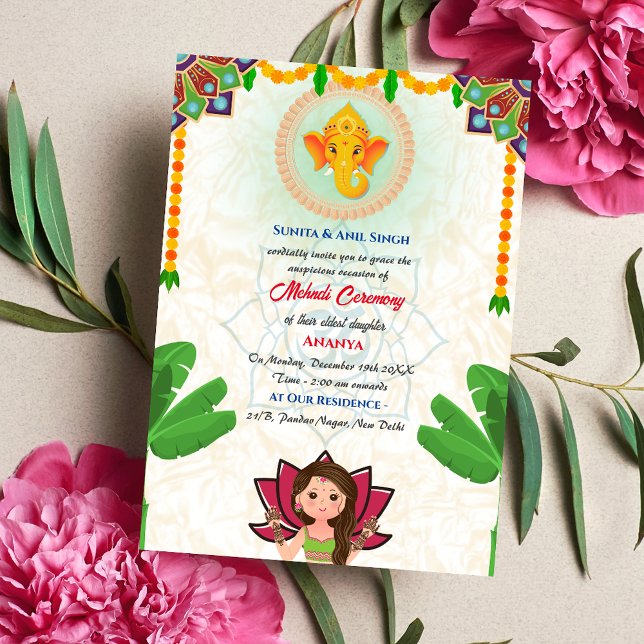 Indian Bride Mehndi Ceremony Ganesha  Banana Tree Invitation (Creator Uploaded)