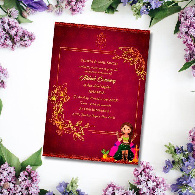 Indian Bride Mehndi Ceremony Golden Element Ganesh Invitation (Creator Uploaded)