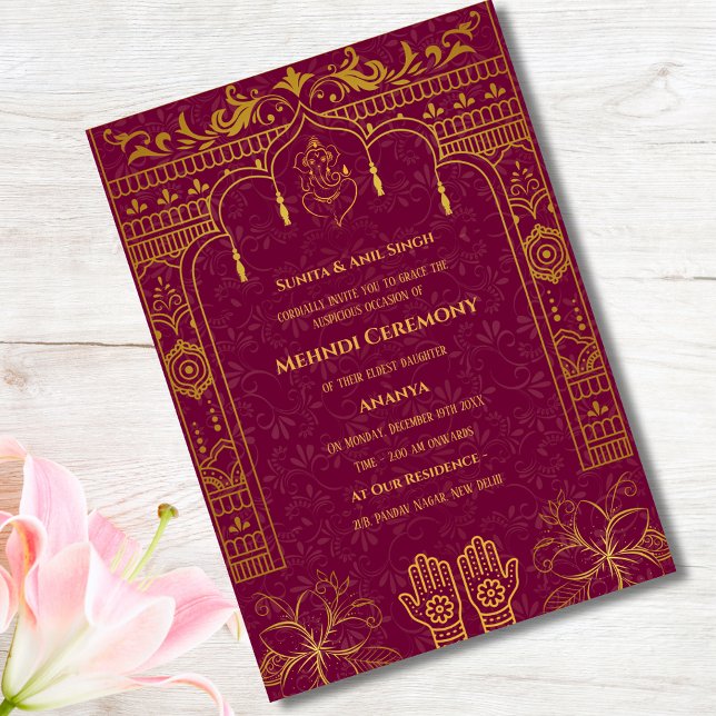 Indian Bride Mehndi Ceremony Golden Elements Invitation (Creator Uploaded)