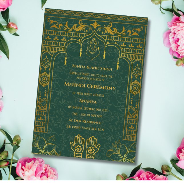 Indian Bride Mehndi Ceremony Golden Elements Invitation (Creator Uploaded)