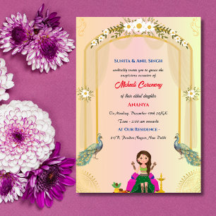Indian Bride Mehndi Ceremony Peacock Design Invitation