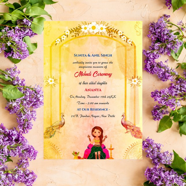 Indian Bride Mehndi Ceremony Peacock Design Invitation (Creator Uploaded)
