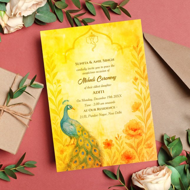 Indian Bride Mehndi Ceremony Peacock Floral Invitation (Creator Uploaded)