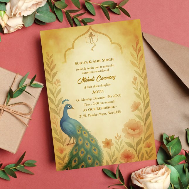 Indian Bride Mehndi Ceremony Peacock Floral Invitation (Creator Uploaded)