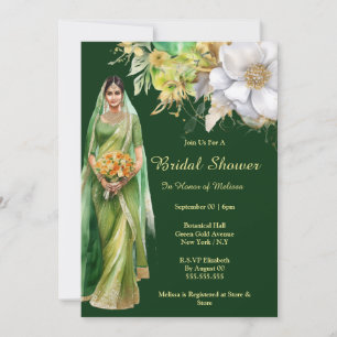 Indian bride to be green gold flowers botanical  invitation