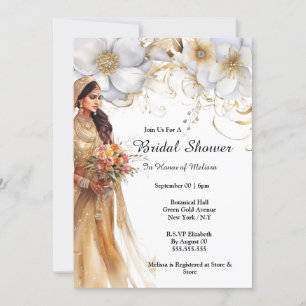 Indian bride white gold flowers botanical bridal  invitation