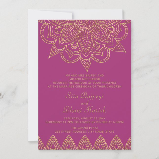 Indian Bright Pink Gold Mehndi Hindu Wedding Invitation (Front)