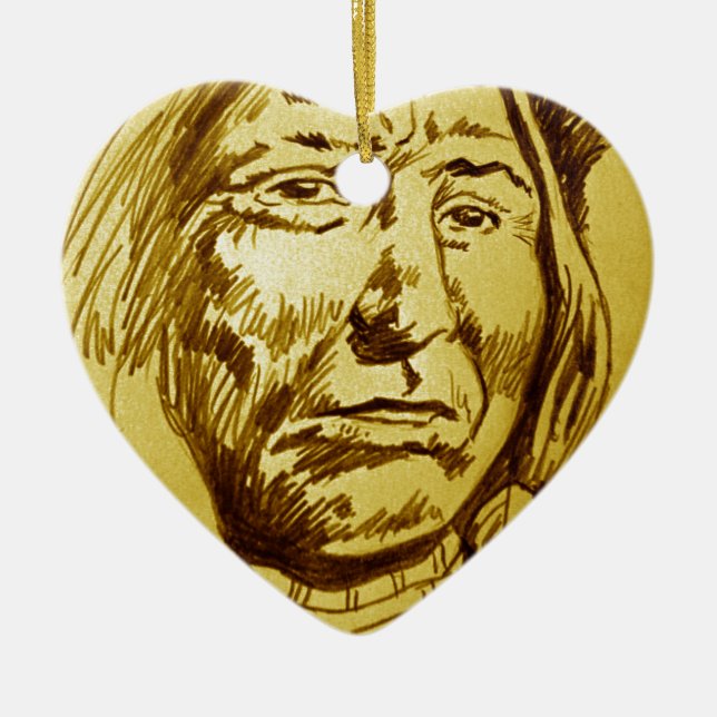 Indian Chief Pencil Sketch Ceramic Ornament (Front)